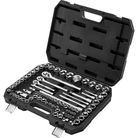 Mophorn Juego de Vasos de 9,5/6,4/12,7 mm, SAE y Métrico, Herramientas con Llave de Trinquete, Accesorios y Estuche de Almacenamiento, Fabricado en Acero de Aleación CR-V, 450x345x95 mm, 86 piezas (1/5)