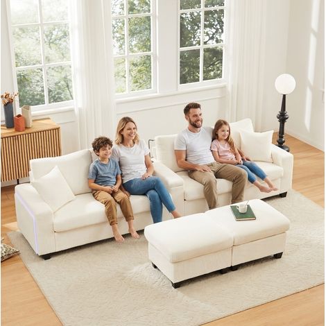 REDOM - Divano a U 334x128,5x81 cm, con 2 pouf, lampada da lettura, porte USB e Type C, velluto a coste beige (1/5)