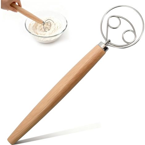 Fouet à Pâte Danois, Fouet Cuisine, Pétrin Manuel avec Manche en Bois, Fouet Plat, Outils de Pâtisserie et Fournitures de Cuisine pour la Pâte à Pain, Gâteaux, Pâtisseries et la Pâte à Pizza (1/5)