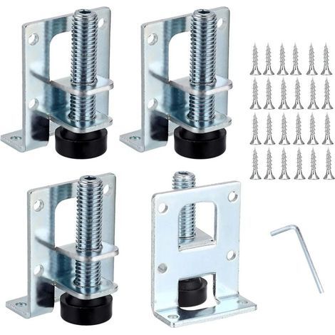 Juego de 4 patas niveladoras metálicas ajustables, soportes de montaje en forma de L, altura ajustable hasta 2,5 cm, para muebles en suelos irregulares. (1/5)
