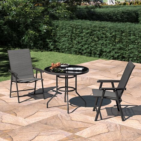 Set of 3 Garden Patio Glass Umbrella Table and Folding Chairs Set (1/5)