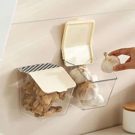 Paquete de 2 contenedores flotantes de plástico transparente para ajos, con tapa, para montaje en pared. Contenedores adhesivos para almacenar ajos, ideales para encimeras, paredes, cocinas, baños y d
