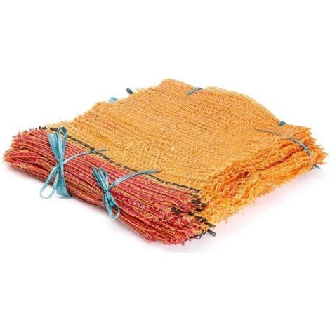 Paquets de 100 sacs en jute, de dimensions 41x63 cm, adaptés au stockage de produits agricoles tels que les pommes de terre, les légumes et les oignons. (1/3)