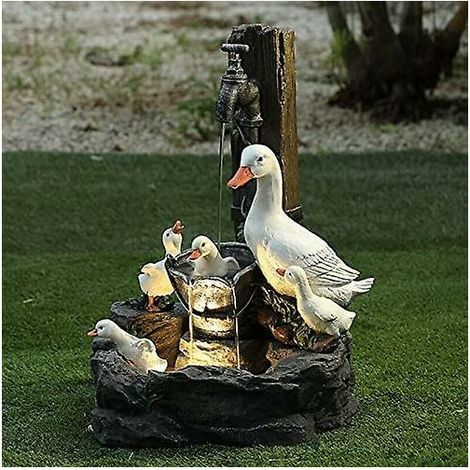 Statue d'animal de jardin canard et écureuil – Résine durable – Fontaine solaire avec chute d'eau – Décoration extérieure