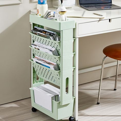 Étagère sur pied, à roulettes et mobile présentoir de rangement pour manuels scolaires de bureau étagère à livres à plusieurs niveaux de grande capacité pour salle d'étude verte. (1/3)