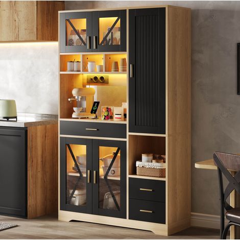 Credenza da cucina con LED, ripiani regolabili e prese, nero e naturale, 105x40x185 cm (1/5)