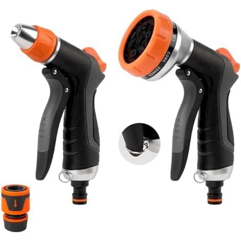 Hoofun 2 Stück Gartenbrause Spritzpistole, 10+2 Funktionen Gartenspritze mit Schnellanschluss, Einstellbarer Wasserdurchfluss, Handbrause für Rasen, Haustiere, Garten, Gehweg, Blumen, Auto, Orange (1/5)