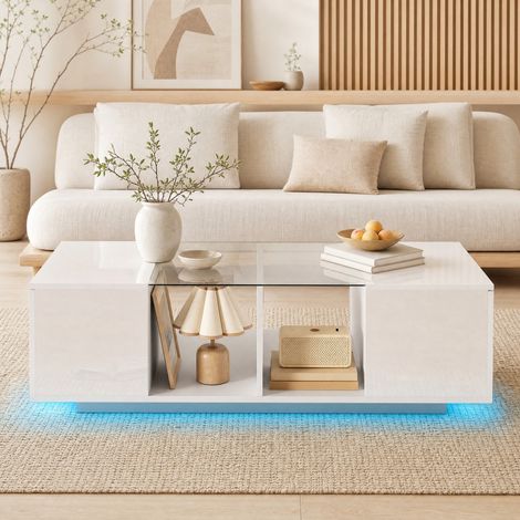 Mesa de centro blanca LED 16 colores, tablero de vidrio, 120 x 50 x 38,5 cm DESVIAE (1/5)