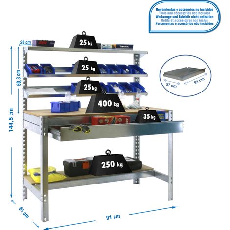 SimonRack Banco da Lavoro con Cassetto a Guide Telescopiche e 3 Ripiani Superiori – Portata 400 kg – 1445x910x610 mm – Postazione Fai da Te Officina – Zincato/Legno – Bt-1