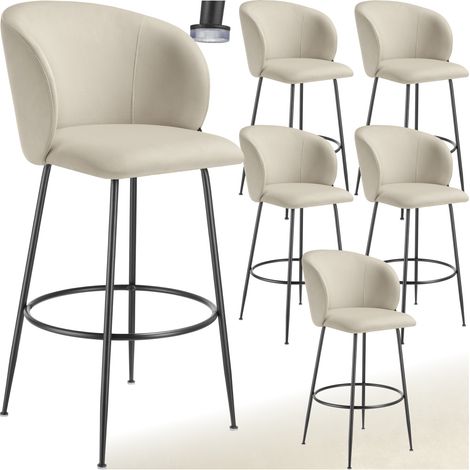 Tectake – Lot de 6 tabourets de bar rembourrés – Dossier incurvé – Revêtement velours crème – Hauteur d'assise 76 cm – Pieds antidérapants