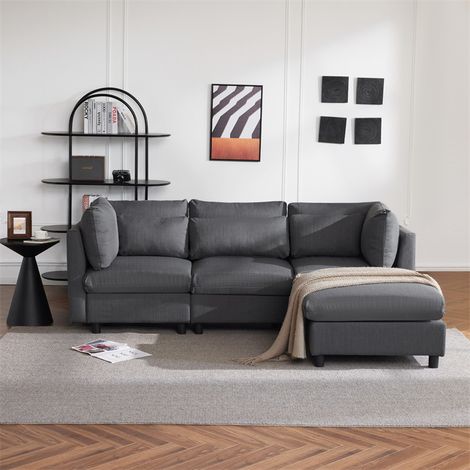 Canapé d'angle 3-4 places, meubles rembourrés en forme de L, tissu en lin, 220x83x81cm, gris (1/5)