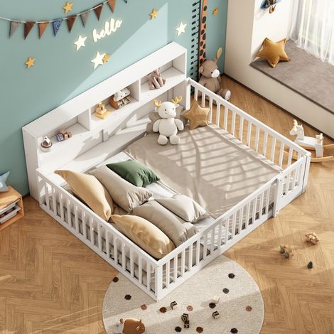 Lit enfant 140x200 cm blanc pin - Lit de repos avec chevet rangement, sommier lattes et parapet - (Sans matelas) (1/5)