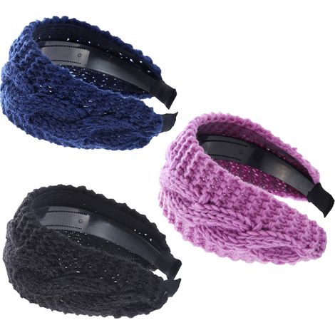 Headband Tricoté Large - Élastique Non Glissant - Pour Femme Fille - Couleurs Assorties - Lot de 3 (1/5)