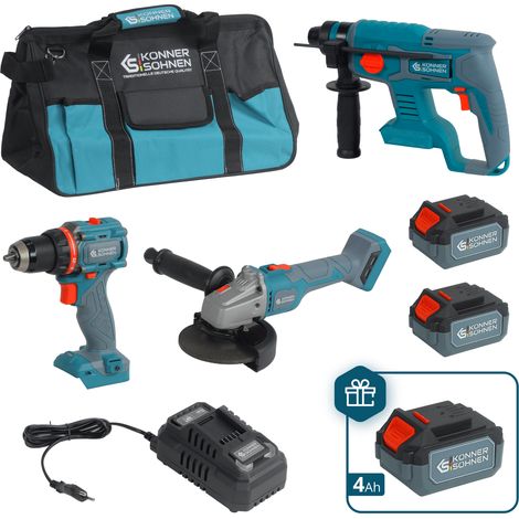 Conjunto Maestro 3-en-1 Könner & Söhnen KS RHAGD 20V SET 3 PLUS: Taladro, Amoladora y Perforadora SDS+, 3 Baterías 4Ah, Cargador 4.5A y Bolsa de Transporte (1/5)