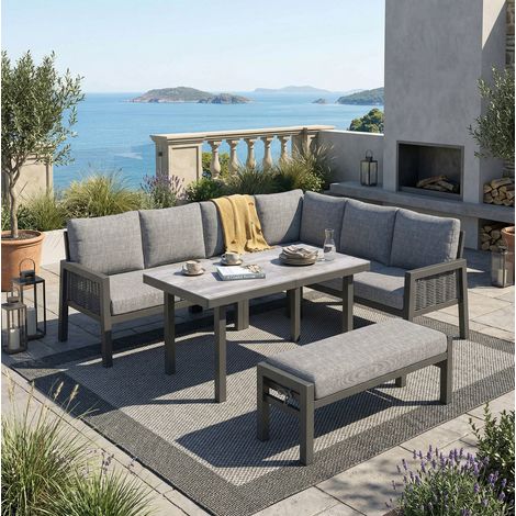 Salon de jardin d'angle 8 places 140/70 cm gris en acier galvanisé et polyester avec table en verre (1/5)
