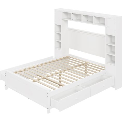 Cadre de lit avec rangement 140200, avec 4 tiroirs et grand meuble de rangement, lit double en bois massif avec sommier à lattes, blanc