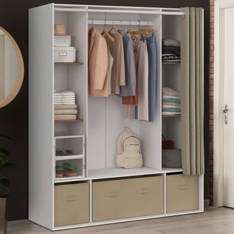 Armario doble DIANE 140 x 45 x 167 cm blanco con estantes + cajas de almacenaje + cortina topo