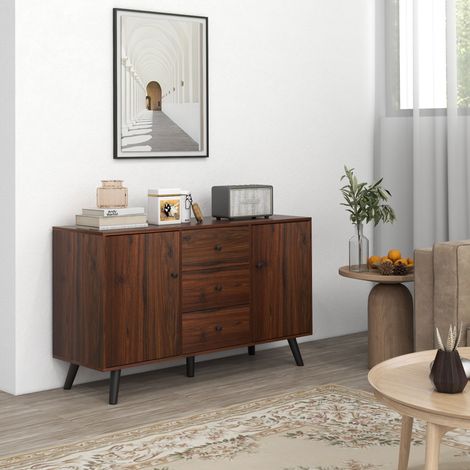 Buffet moderne - 127x40x76cm - 2 armoires - 3 tiroirs - bois/carton particules - marron/noir