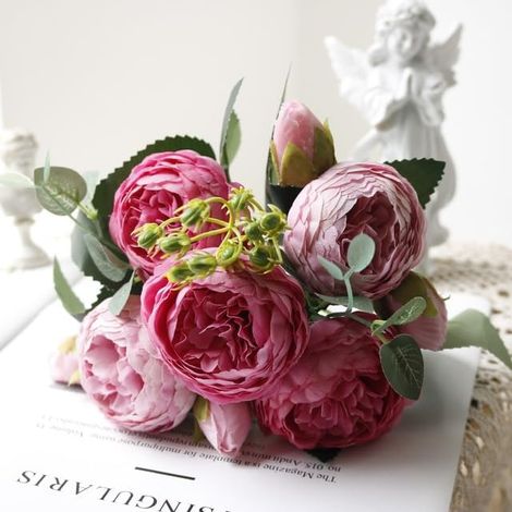 Bouquet 9 Têtes Fleurs Artificielles Pivoine Rose Thé pour Déco Maison Jardin Mariage DIY Salon Automne Soie