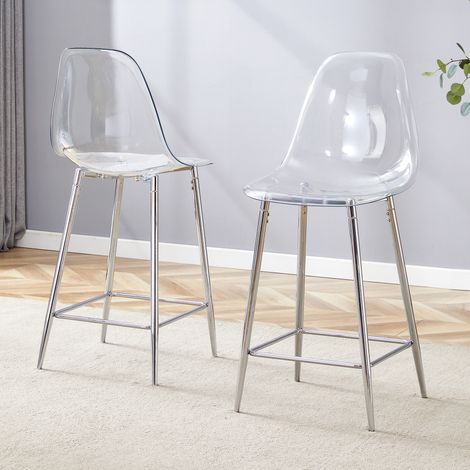 Ensemble de 2 tabourets de bar transparents, avec structure en métal argenté/doré/noir, chaises au design moderne pour la cuisine, le bar ou la salle à manger (chaises uniquement, table non incluse) (1/4)