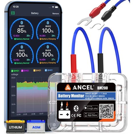 BM200Blue Bluetooth 4.2 Moniteur de Batterie - Testeur de Batterie de Voiture 12V - Battery Monitor pour Batteries au Lithium et Plomb-acide - avec test de charge et de démarrage Alarme (1/5)