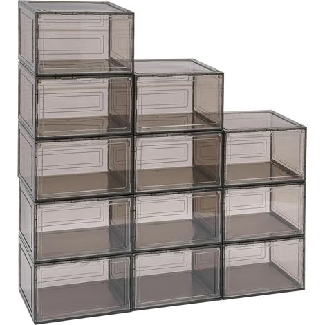 Cajas de zapatos apilables de acrílico de 12 piezas, 34 x 27 x 22 cm, vitrina/almacenamiento grande para zapatos, ropa, juguetes, libros, etc. (Negro/Marrón) (1/5)