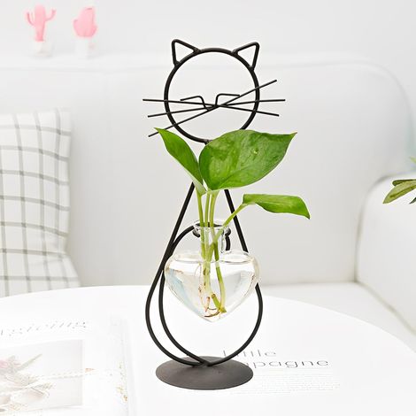 Vase à fleurs en verre cœur, vase hydroponique chat, support métal intérieur, station plantes, support bureau fleurs (1/5)