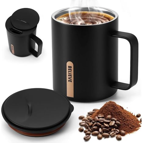 Tasse à café 400 ml, en acier inoxydable 316, isotherme avec anse et couvercle coulissant, tasse à café à emporter avec couvercle, petite tasse de camping à emporter, pour boire du thé et du (1/5)