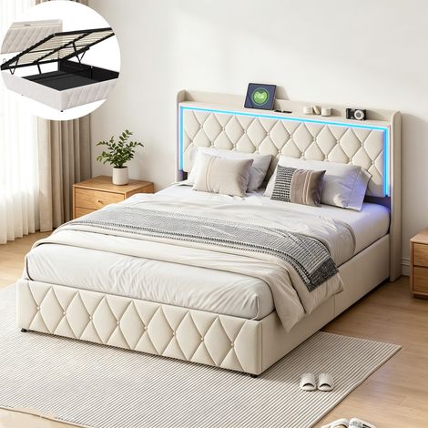 Letto contenitore 140 x 190 cm, letto matrimoniale 140x190 con rete a doghe, con porta USB e LED, rete a doghe in legno, beige, velluto (1/5)