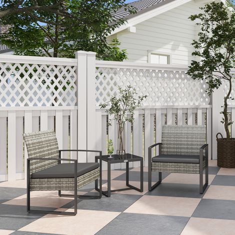Extérieur Salon de jardin 3 pièces 2 chaises avec coussins + table basse plateau verre trempé résine tressée - gris clair