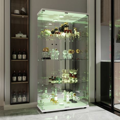 Vitrina de cristal de dos puertas con espejo, LED y cerradura, 4 estantes, vitrina de colección, vitrina de cristal para oficina y sala de estar, tablero de madera blanco.