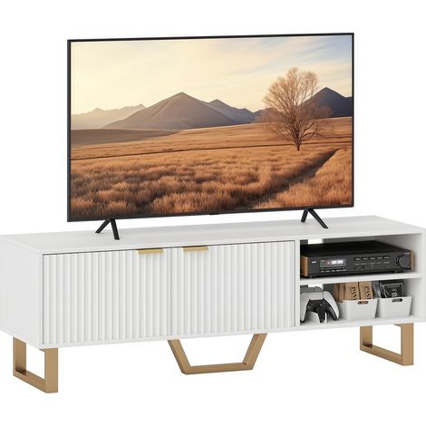 Meuble TV - HOMCOM- pour téléviseur jusqu'à 70 pouces - placard à 2 portes cannelées, compartiment ouvert et passe-câbles - blanc (1/5)