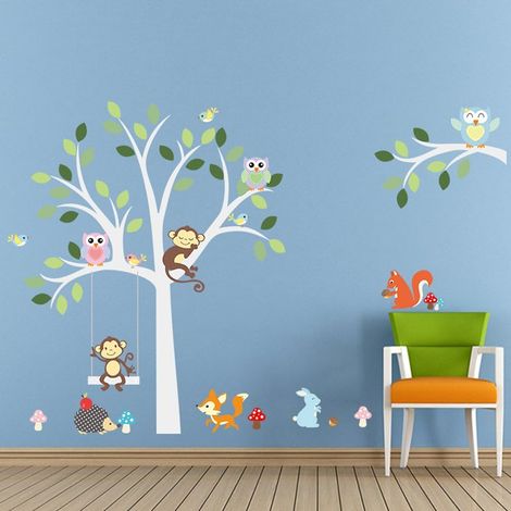 MINKUROW Cute Owls Monkey And Fox Cartoon Animal Wall Stickers, Baby Nursery Dormitorio Extraíble Wall Decals Murals (1/4)