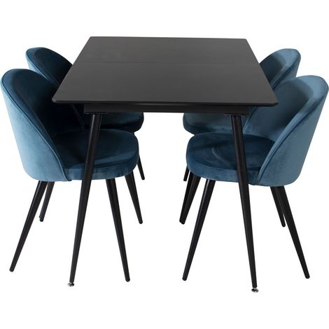 SilarBLExt Essgruppe Esstisch Ausziehbarer Tisch Länge cm 120 / 160 schwarz und 4 Velvet Esszimmerstühle Velour blau, schwarz.