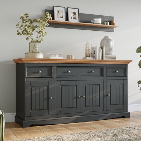 Wohnzimmer Sideboard mit Wandboard, Massivholz in grau mit Kiefer Optik BORMIO-163, 2-teilig (1/5)