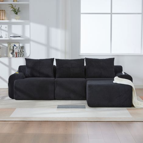 Divano angolare modulare in velluto a coste, 1 poggiapiedi, portabicchieri e tasca laterale, combinazione libera - 3 posti, 268×174×80 cm, nero