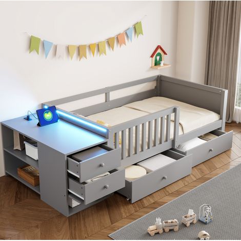 Lit simple enfant 90x200 cm métal gris, gain de place pour chambre, sans matelas FloraGrace (1/5)