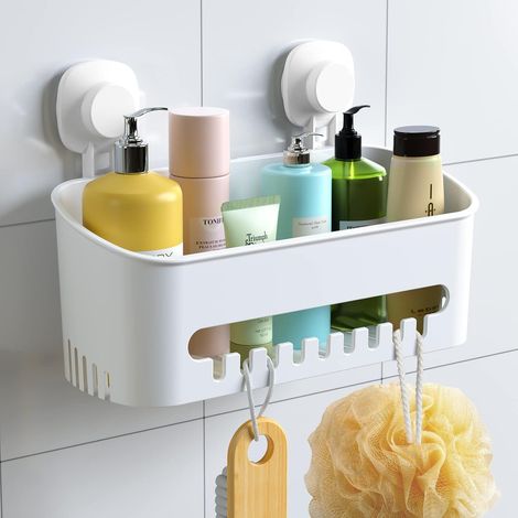 Serviteur de Rangement Douche à Suspendre Ventouse sans Perçage Réutilisable, Étagère Douche Amovible 8kg, Panier de Serviteur Mural Plastique pour Salle De Bain/Toilette/Cuisine, Blanc (1/5)