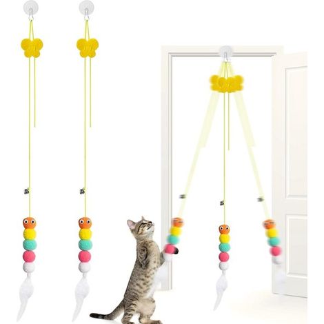Paquete de 2 juguetes colgantes para gatos con pluma y cascabel - Juguete interactivo para que el gato se entretenga solo en interiores (1/5)
