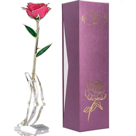 Rose plaquée or 24 carats, feuille rose et verte, avec socle, idéale comme cadeau de Saint-Valentin. (1/5)