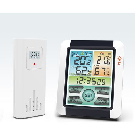 Kabelloses Hygrometer für den Innen- und Außenbereich, Thermometer, Temperatur- und Luftfeuchtigkeitsanzeige, digitaler Wettervorhersagemonitor, Bahnhofsuhr, Atomwecker, Weiß