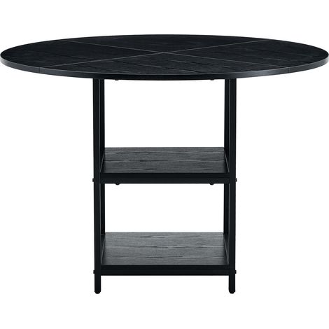 Table à manger ronde 107 cm avec double étagère de rangement, plateau MDF noir effet bois et structure métallique noire pour 2–4 personnes (1/5)