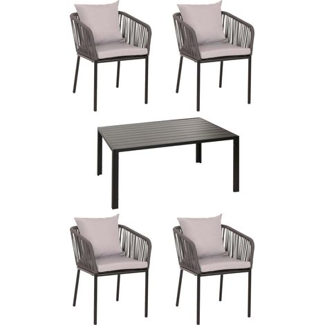Set di mobili da giardino con tavolo rettangolare e 4 sedie in alluminio antracite con cuscini crema 040010084