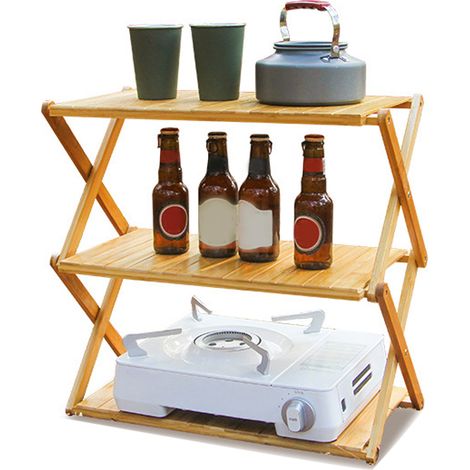 Étagère en bambou pliable 3 niveaux, solide et portable, capacité de charge élevée, support en bois pliant pour pique-nique en extérieur (1/5)