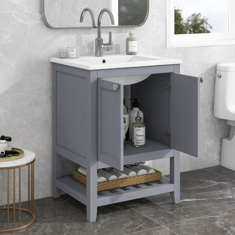 Mobilier de salle de bain simple lavabo avec meuble de base 60 cm et lavabo en céramique,gris clair