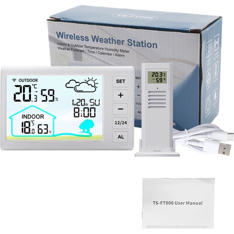Station Météo Sans Fil Intérieur Extérieur Écran LCD 4.3 Pouces Prévisions Thermomètre Hygromètre Alarme Rétroéclairage Ajustable Blanc (1/5)