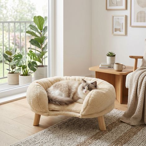 Canapé pour chat – Lit surélevé pour chat – Dimension 50×40×24 cm – Base antidérapante silencieuse – Structure en bois massif – Beige