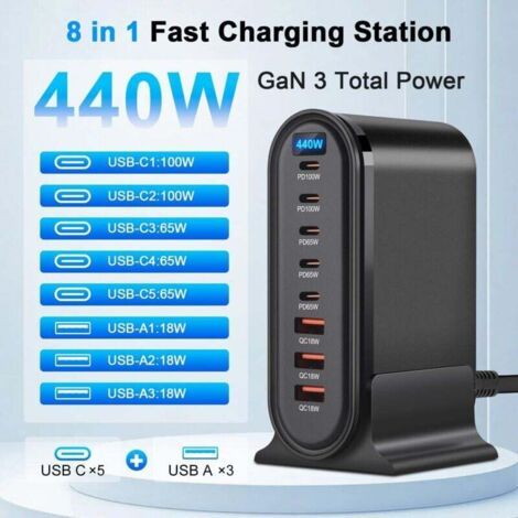 NALOOKAMIC Chargeur USB C - 440 W - 8 ports - Chargeur rapide - Chargeur USB pour iPhone, iPad Pro, MacBook, téléphones portables Samsung (1/3)