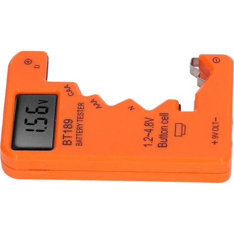 Testeur de piles avec affichage numérique pour le contrôle de capacité. Compatible avec les piles AA/AAA/6F22/9V/1,5V. Couleur orange.