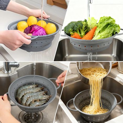 Passoire d'évier extensible en acier inoxydable JeiibrZui - Réglable de 30 à 42 cm - Panier passoire multifonctionnel monobloc - Argenté pour légumes, fruits et pâtes dans la cuisine (1/5)
